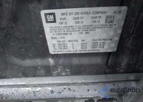 2019 Chevrolet Trax Lt из США, поврежденный, VIN KL7CJPSB1KB901738